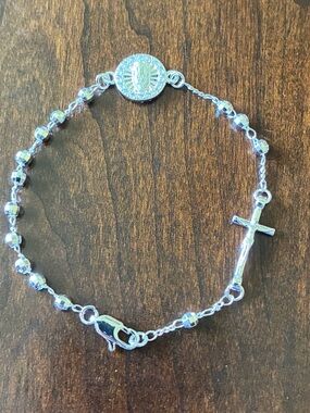 Silver Beaded rosary bracelet with cross and Virgin Mary medallion religious